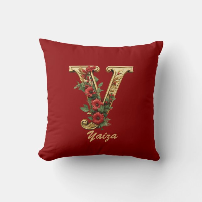 Aangepaste  Monogram Y Kerst Rood Goud Gooi Kussen (Voorkant)