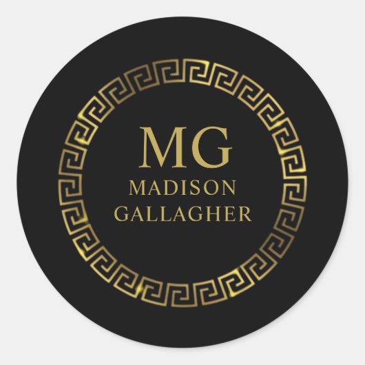 Aangepaste Monogram Zwart en Goud Premium Ronde Sticker (Voorkant)