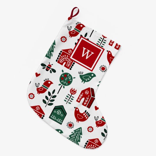 Aangepaste Monogrammed Rood en Groen Scandinavisch Grote Kerstsok (Voorkant (Hangend))