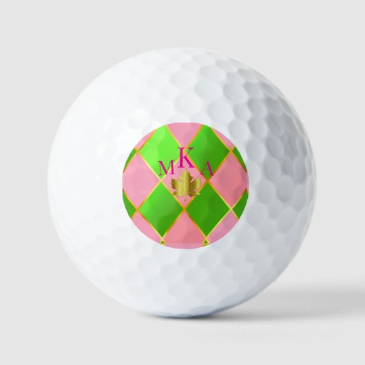 Aangepaste Monogrammed Roze en Groene Argyle Golfballen (Voorkant)