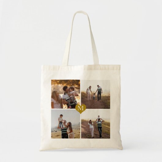 Aangepaste monogrammen Gold Heart 4 Foto Collage Tote Bag (Voorkant)