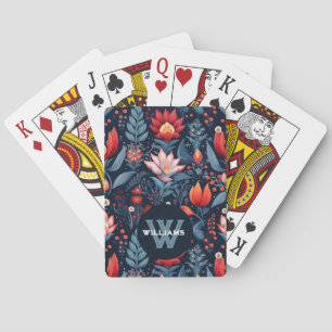 Aangepaste monogramnaam donker bloempatroon pokerkaarten