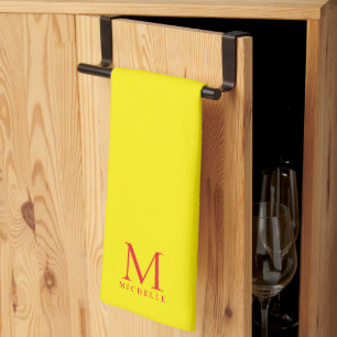Aangepaste Monogramnaam Elegant Helder Geel & Rood Theedoek
