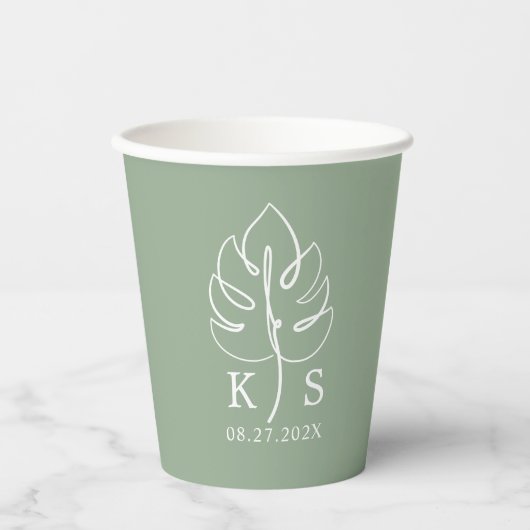 Aangepaste Monstera Monogram Bruiloft Logo Papieren Bekers (Voorkant)