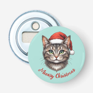 Aangepaste Mopige Kerstkat met Kerstmannenhoed Button Flesopener