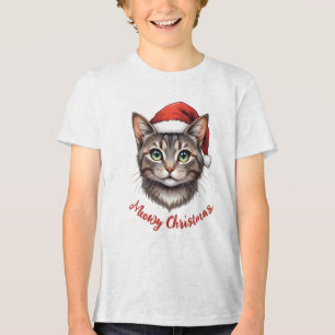 Aangepaste Mopshond Kerstkat met Sinterklaashoed Tri-Blend Shirt