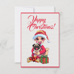 Aangepaste Mopshond met Meisje Kerstkaart Bedankkaart