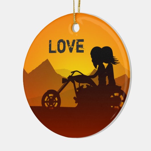 Aangepaste motorrijwiel bij zonsondergang keramisch ornament (Links)