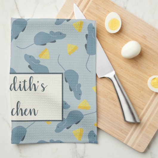 Aangepaste Mouse Pattern Blue Mice Yellow Cheese Theedoek (Quarter Fold)