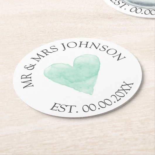 Aangepaste mr mrs mint hart trouwfeest coasters ronde kartonnen onderzetter (Gebogen)