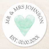 Aangepaste mr mrs mint hart trouwfeest coasters ronde kartonnen onderzetter (Voorkant)