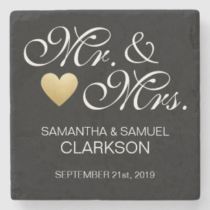 Aangepaste MR & MRS White Black Heart Wedding Favo Stenen Onderzetter