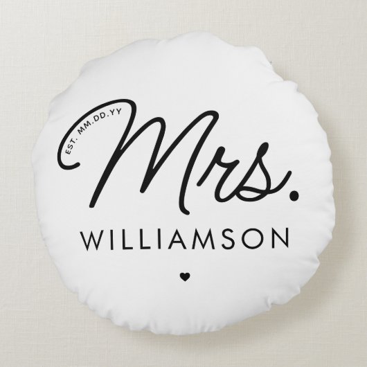 Aangepaste Mrs Est. Modern Elegant Script Pas getr Rond Kussen (Achterkant)