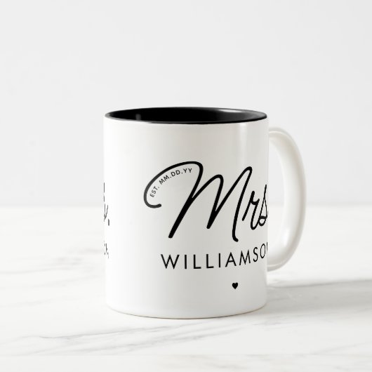 Aangepaste Mrs Est. Modern Elegant Script Pas getr Tweekleurige Koffiemok (Voorkant rechts)