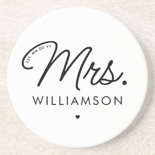 Aangepaste Mrs Est. Modern Elegant Script Pas getr Zandsteen Onderzetter (Voorkant)