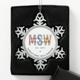 Aangepaste MSW Master of Social Work Retro Afstude Tin Sneeuwvlok Ornament
