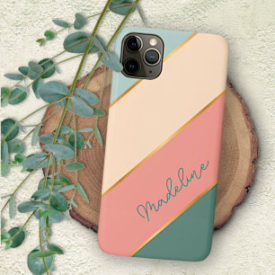Aangepaste munt teal groene perzik blos roze strep iPhone 16 pro max hoesje
