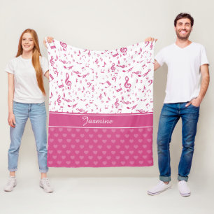 Aangepaste Muzieknoten en Hearts Patroon roze wit Fleece Deken