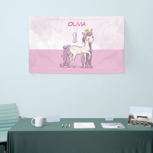 Aangepaste naam 1e verjaardag roze paard met kroon spandoek (Beurs)