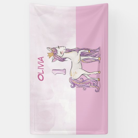Aangepaste naam 1e verjaardag roze paard met kroon spandoek (Verticaal)