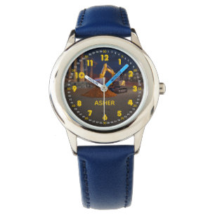 Aangepaste naam 3D Gele Graafmachine Kinderen Horloge