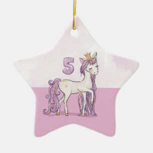 Aangepaste naam 5e verjaardag Roze paard met kroon Keramisch Ornament