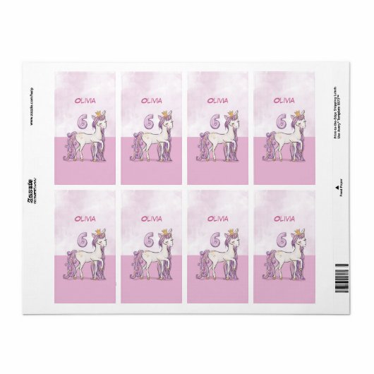 Aangepaste naam 6e verjaardag roze paard met kroon etiket (Full Sheet)