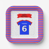 Aangepaste naam 6e verjaardagsfeest rood blauw vie papieren bordje (Voorkant)