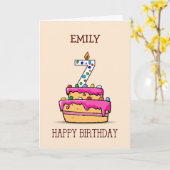 Aangepaste naam, 7e verjaardag, 7 op Roze Cake Kaart (Gele Bloem)