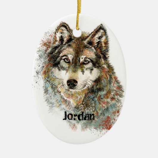 Aangepaste naam aangepaste grijze wolf keramisch ornament (Voorkant)