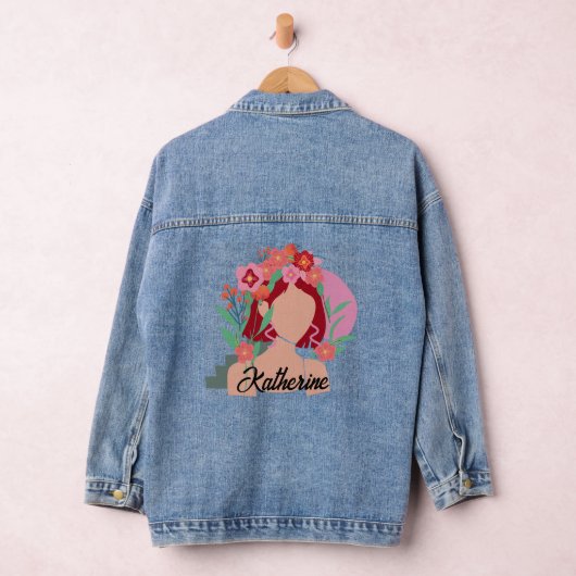 Aangepaste naam abstracte vrouwen gezicht bloemen denim jacket (Hangar)