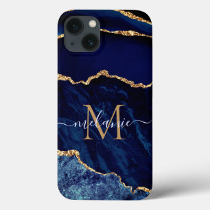 Aangepaste naam Agate Navy Blue Gold Geode Marble iPhone 13 Hoesje