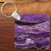 Aangepaste naam Agate Paars Violet Gold Glitter Ge Sleutelhanger (Voorkant)