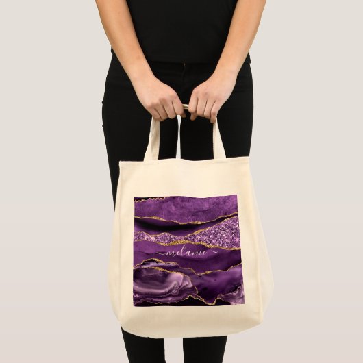 Aangepaste naam Agate Paars Violet Gold Glitter Ge Tote Bag (Voorkant (product))