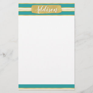 Aangepaste naam Aqua Blue Gold Stripe Patroon Briefpapier