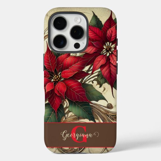 Aangepaste naam Art Nouveau Christmas Poinsettia Case-Mate iPhone Case (Achterkant)