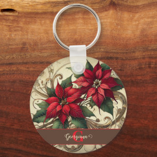 Aangepaste naam Art Nouveau Christmas Poinsettia Sleutelhanger