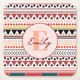 Aangepaste naam Azteekse elegantie Warm rood etnis Vierkante Kartonnen Onderzetter