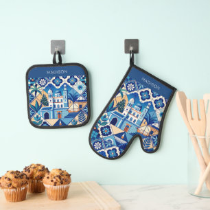 Aangepaste naam Azulejo Tegels Pattern Ovenwant & Pannenlap Set