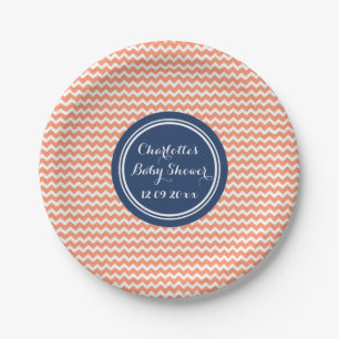 Aangepaste naam Baby shower Borden Coral Blue Chev Papieren Bordje
