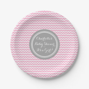 Aangepaste naam Baby shower Borden Grijs Roze Chev Papieren Bordje