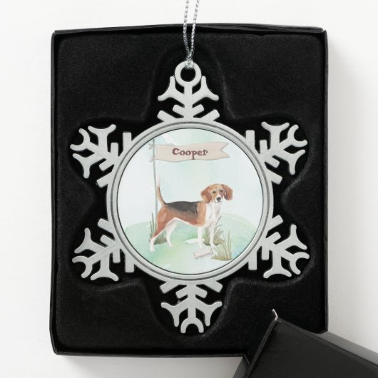 Aangepaste naam Beagle Pet Dog Tin Sneeuwvlok Ornament (Kistje)