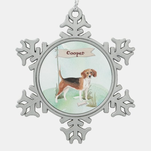 Aangepaste naam Beagle Pet Dog Tin Sneeuwvlok Ornament (Voorkant)