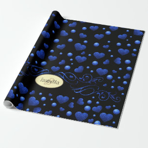 Aangepaste naam, blauw hartglitterpatroon cadeaupapier