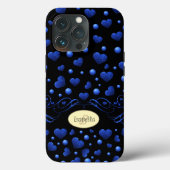 Aangepaste naam, blauw hartglitterpatroon Case-Mate iPhone case (Achterkant)