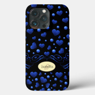 Aangepaste naam, blauw hartglitterpatroon iPhone 13 pro hoesje
