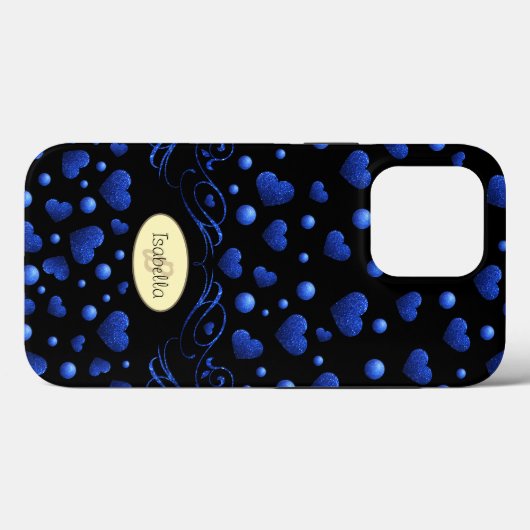 Aangepaste naam, blauw hartglitterpatroon Case-Mate iPhone case (Achterkant (horizontaal))