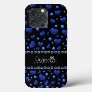 Aangepaste naam, blauw hartglitterpatroon iPhone 13 pro hoesje