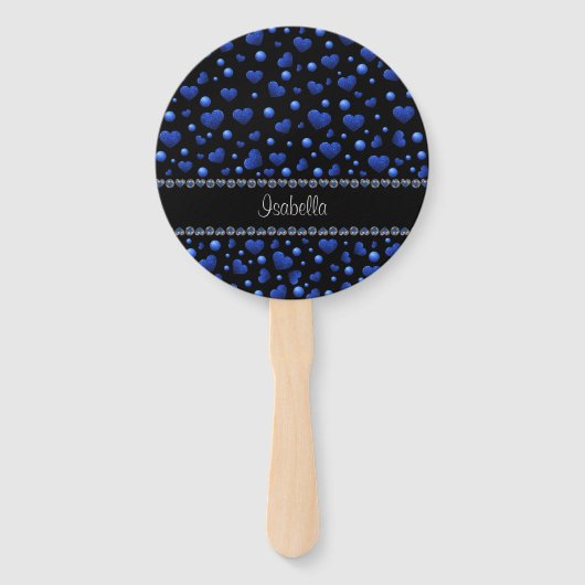 Aangepaste naam, blauw hartglitterpatroon handwaaier (Voorkant)