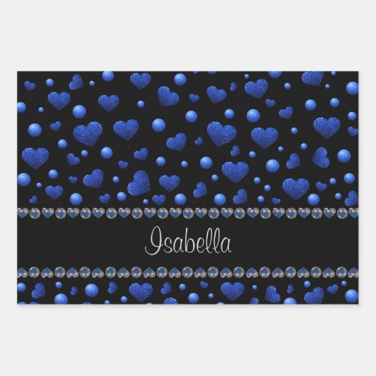 Aangepaste naam, blauw hartglitterpatroon inpakpapier vel (Voorkant)
